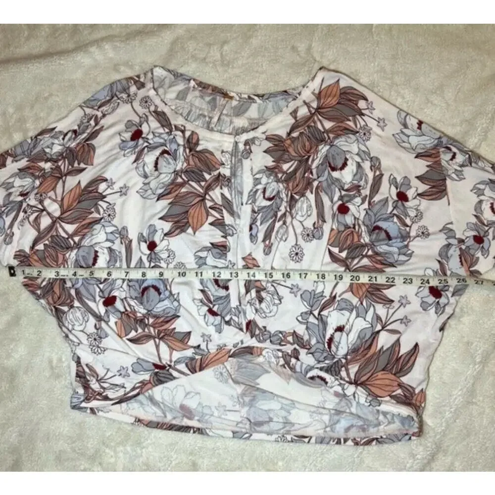 Free People Floral Print Tie Sleeve Slouch Blouse Lightweight Boho Pink White XS